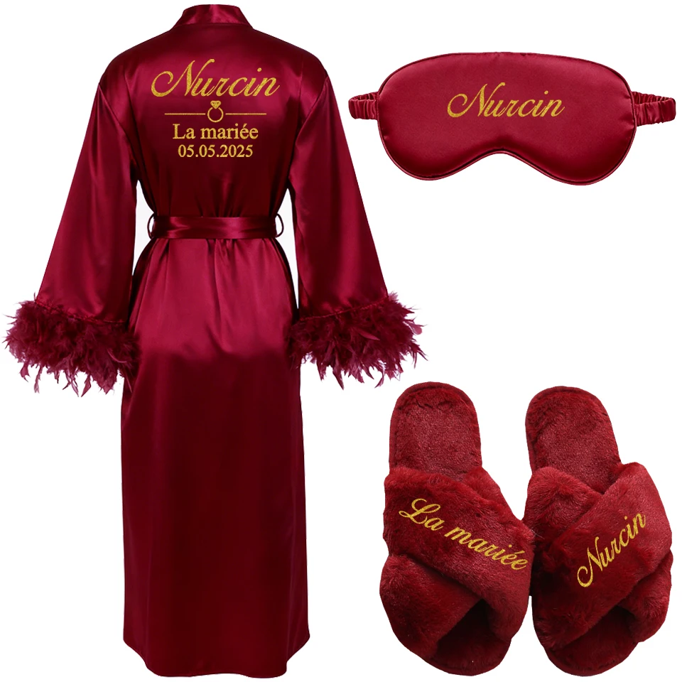 

Customized Bathrobe for Women Personalized Name And Date Robe Add Any Text Gown for Bridal Party Feather Bride Robes