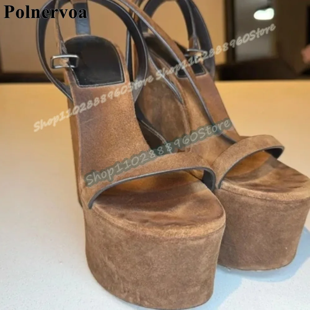 

Stylish Brown Flock Narrow Strap Platform Sandals Wedges High Heel Shoes For Women Ankle Buckle Strap Open Toe Casual Sandals