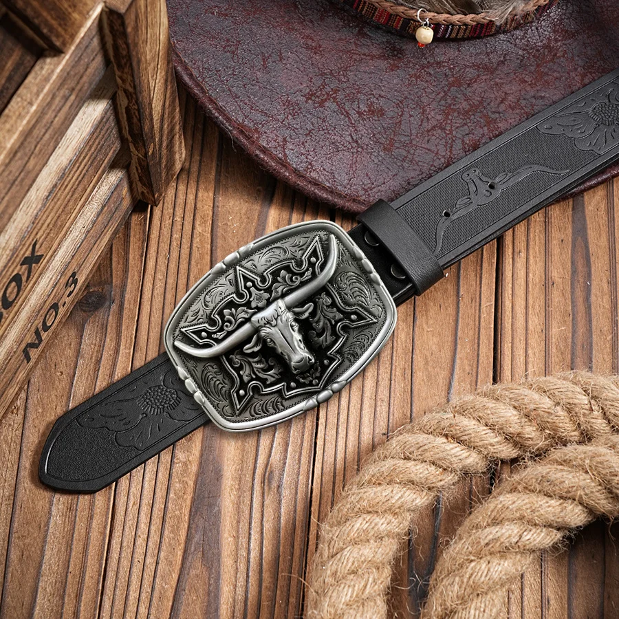 Western Cowboy Couple Style Men's Belt - Irregular Pattern Carving Flower Long Horn Cow Head Smooth Buckle Women's Belt - Countr