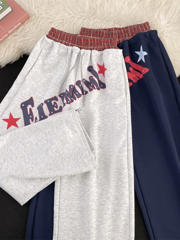 

Trendy American Retro Letter Print Dstring Wide Leg Casual Pants Loose Floor-Length Autumn Men Women Loose Fit Trousers