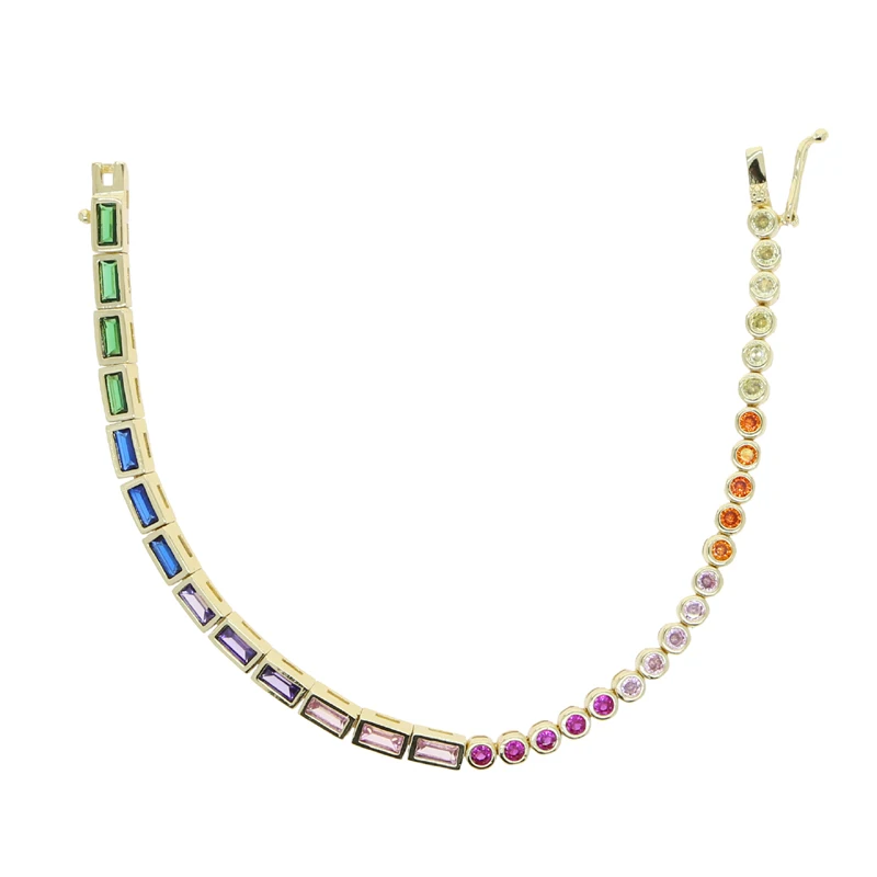 Bling Bezel White Colorful Rainbow Half Round Half Rectangle Cubic Zirconia Tennis Bracelet For Women Girl Fashion Jewelry