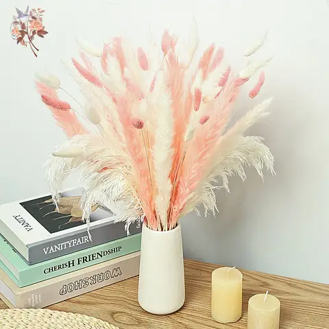 62 Pieces White Reeds Pink Rabbit Tails Grass Bouquet Nordic Home Dried Flower Decor Nature Pampas Bundle Wedding Arrangements