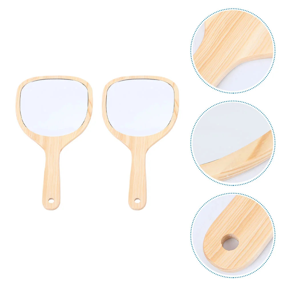 

2 Pcs Wooden Handle Mirror Women Makeup Mirrors Handheld Tool Vanity Travel