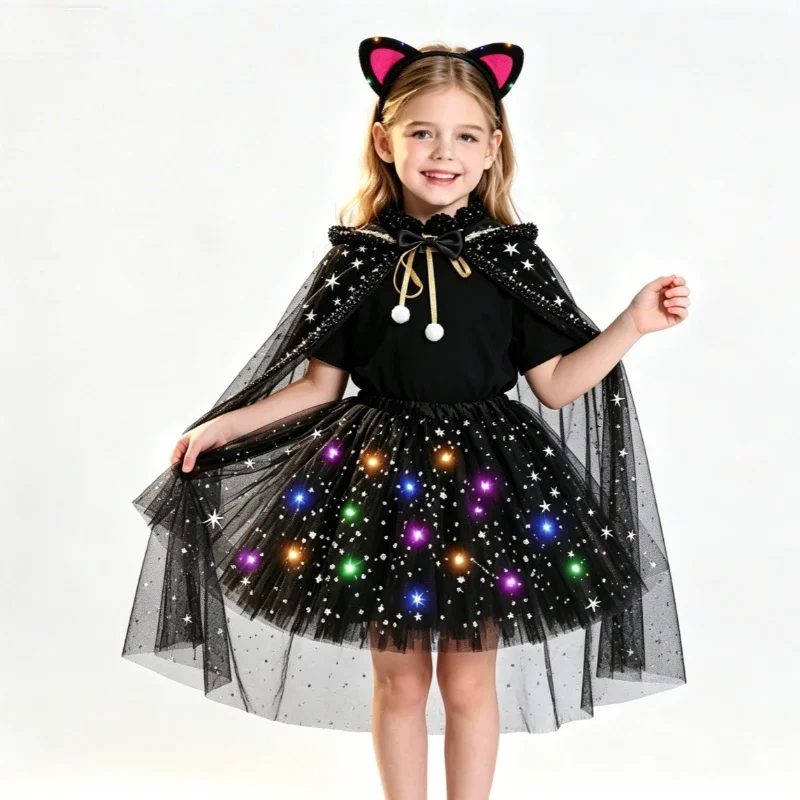 Toddler Cute Black Kitten Cosplay Bundle Sheer Princess Cape Fluffy Cat Tail Ear Headpiece Glitter Tutu Skirt Holiday Outfit