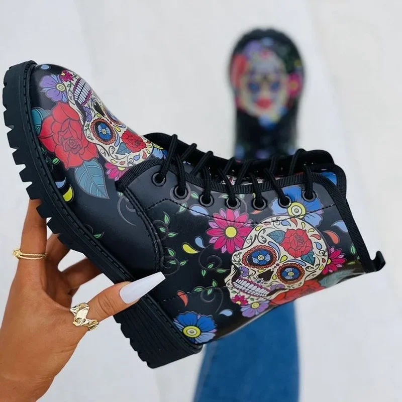 Digital Print Autumn Lady High Top Skull Pattern Boot 2022 British PU Women\'s Fashion Tooling Boots Outfdoor Woman Ankle Booties