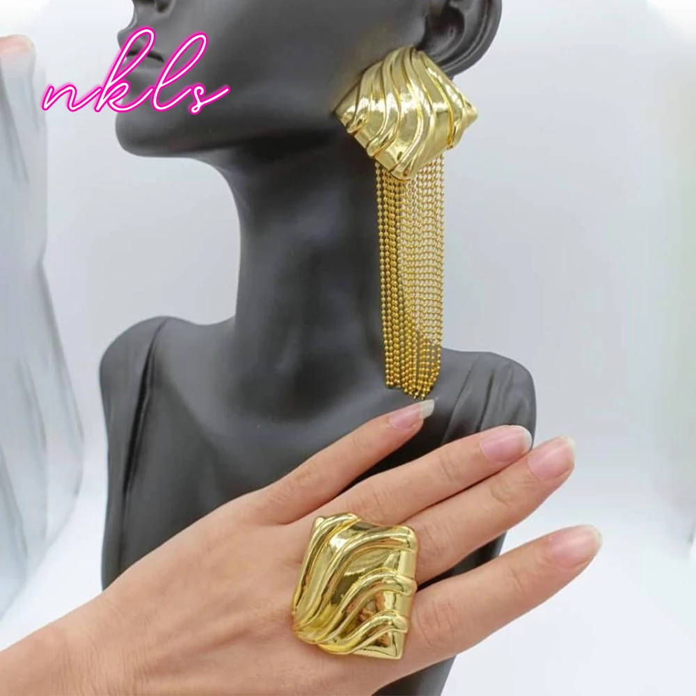 

Trendy Tassel Earrings Ring Set for Women Fashion Classic Earrings Dubai 18K Gold Color Jewelry Alloy Metal Jewelry Accessory