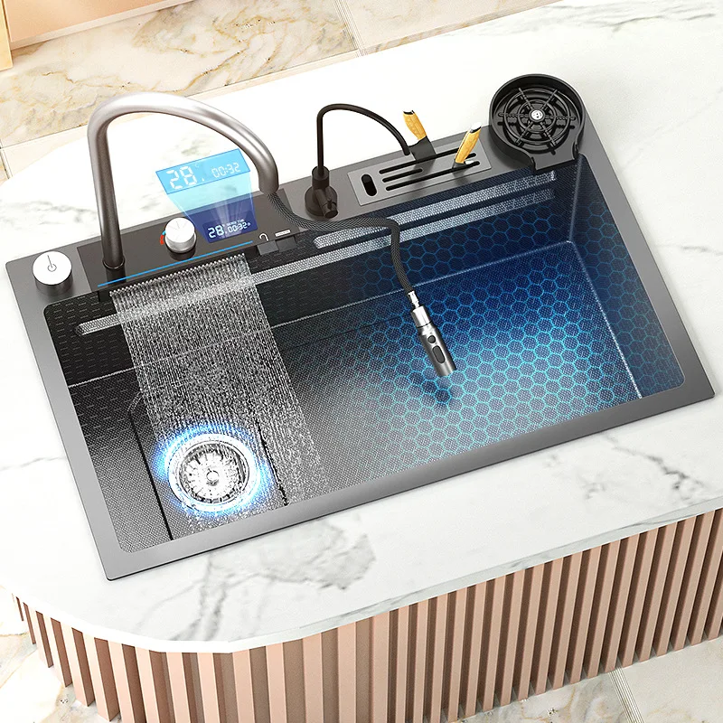 

Feiyu Waterfall Digital Display 304 Stainless Steel Kiten Sink Large Single Washing Basin Manual Dishwasher Pool Left