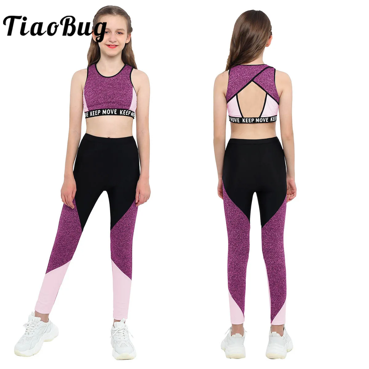 Kids Girls Workout Gymnastics Outfit Child Ballet Dancewear Set Sport Bra Top Tank Tops with Pants Leggings Dance Class Clothes