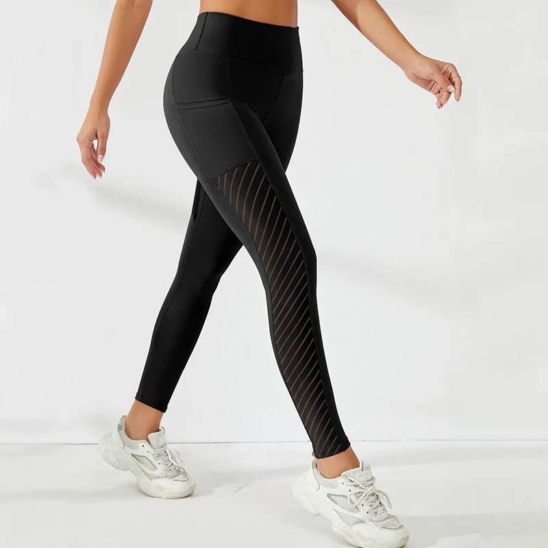 Calça de yoga com bolso de malha respirável, cintura alta, levantamento de quadril, estiramento de quatro vias, esportes e fitness, yoga, leggings femininas