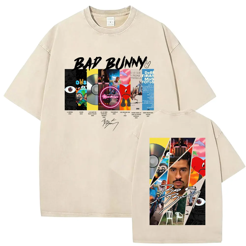 

Rapper Bad Bunny Album Cover Washed Vintage Khaki T-shirt Debi Tirar Mas Fotos DTMF T Shirt Men Women Hip Hop Oversized T-shirts