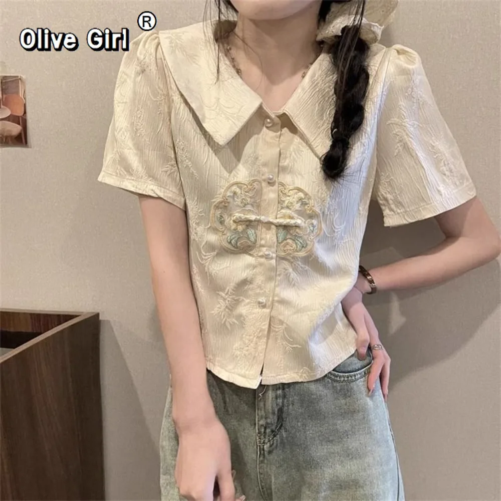 

Embroidered Shirt Doll Collar 2026 Summer Blouse Design Short Sleeved Top Traditional Elegant Clothing Women's Clothes