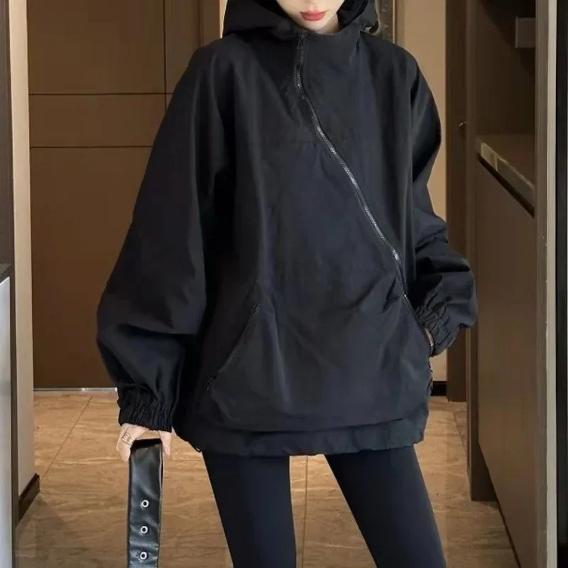 

Harajuku Style Women's Jacket Korean Fashion Streetwear Oversize Zipper Hooded Vintage Y2k Jackets Windbreak Casual Coat