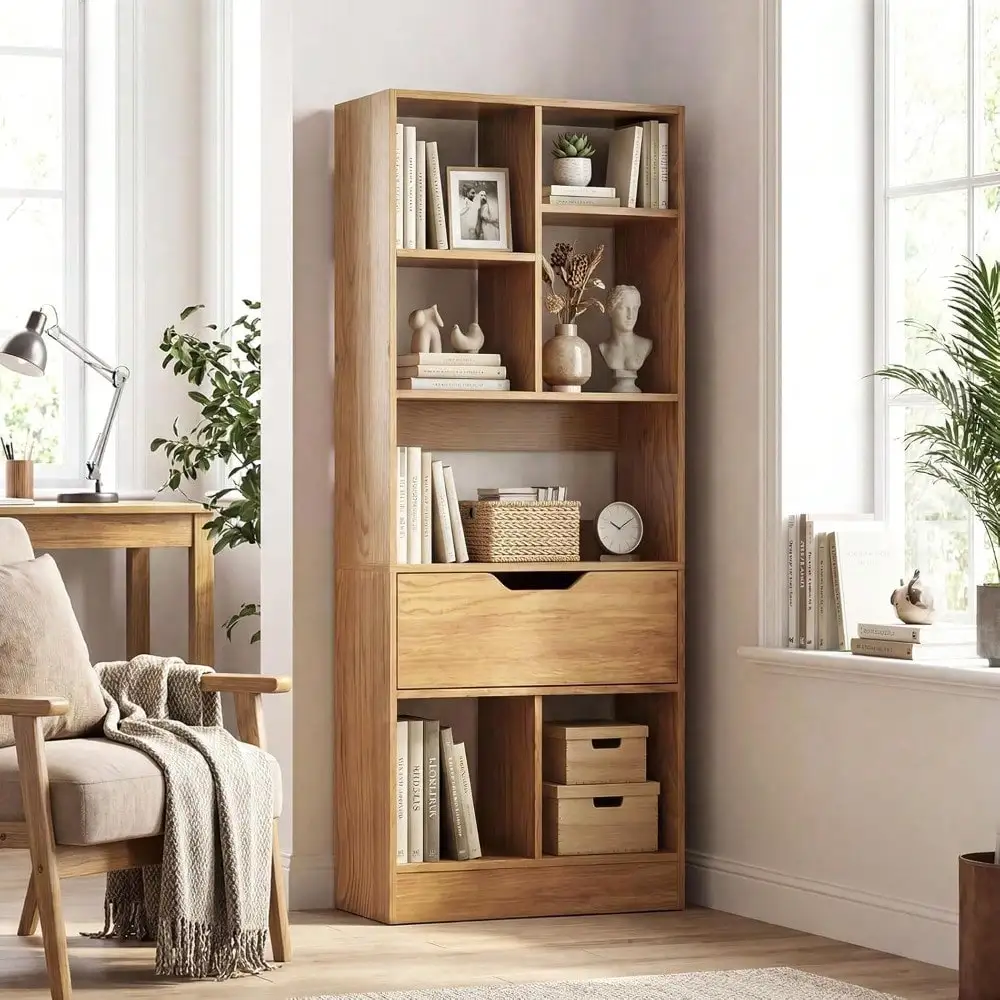 

Высокий открытый книжный шкаф 51 дюйм с выдвижным ящиком, 7-секционный шкаф-витрина для хранения, отдельно стоящая деревянная полка-стеллаж с 2 защитными элементами от пыли