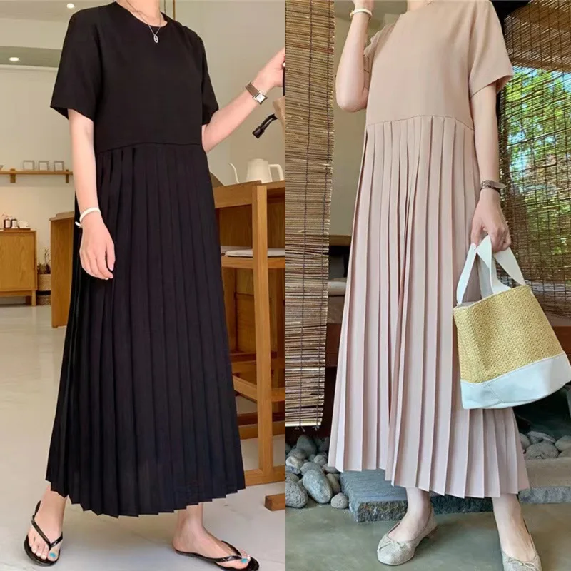 2024 Summer Korea New Woman Dress Vestidos Robe Elbise Korean Loose Plus Size Patchwork Chiffon Hem Short Sleeve Long Dresses