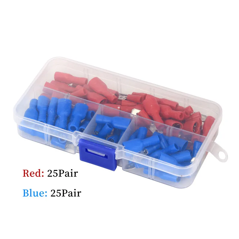 20/50/100Pcs Red + Blue 6.3mm Female Insulated Spade Crimp Terminal Wire Connector For 0.5-2.5mm Electrical Wire Cable Connecors