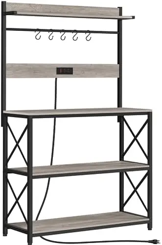 

Kitchen Bakers Rack with Power Outlet, 36.5" W Microwave Oven Stand Kitchen Rack with Hooks for Dining Room, Kitchen Organi