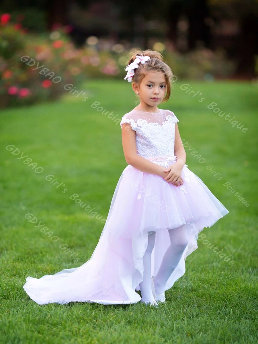 하이 로우 플라워 걸 드레스 웨딩 유아용 비즈 레이스 튤 성찬식 파티 드레스 2-14세 어린이 맞춤형 파티 볼 가운