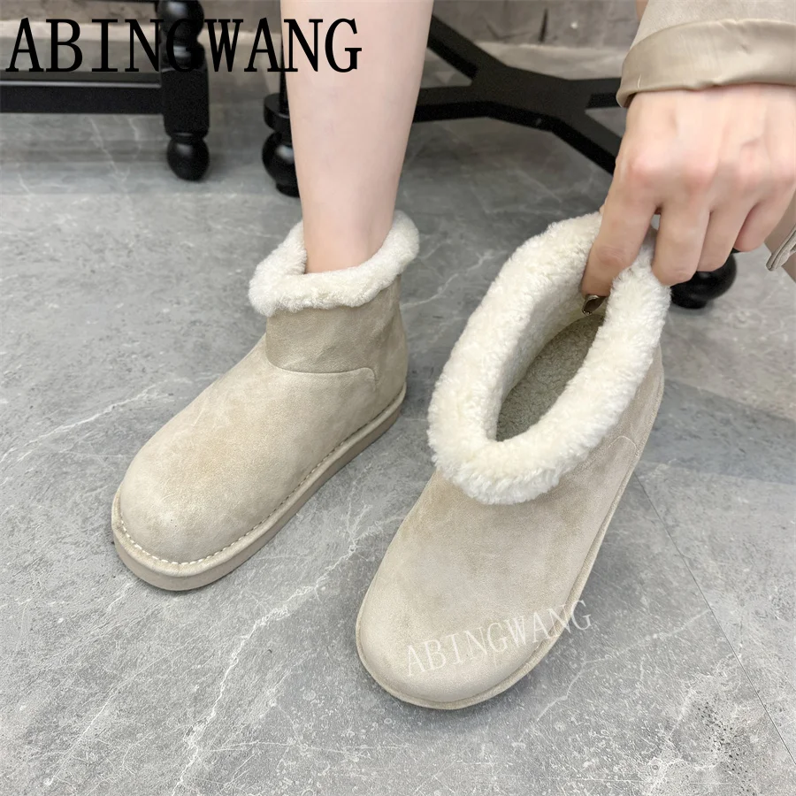 

2025 Winter Suede Leather Inside Fur Thick Sole Flats Heels Ankle Boots Slip On Round Toe Casual Snow Boots Winter Warm Shoes