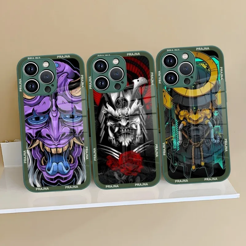 Japanese Oni Hannya Samurai Demon Mask Phone Case Purple Green Glass For IPhone 13 14 12 11 Pro Max Plus Mini X XR 8 7 6s SE2020