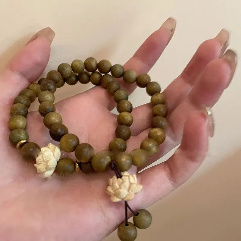 

Lotus Sandalwood Bangle Wood Beaded Strand Bracelets Green Natural Sandalwood Bracelet Elastic Handwoven Rosary Jewelry