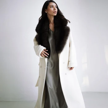 女性用ウールファーコート,ロングジャケット,本物のカシミヤコート,天然キツネの毛皮の襟,暖かい,豪華な,冬