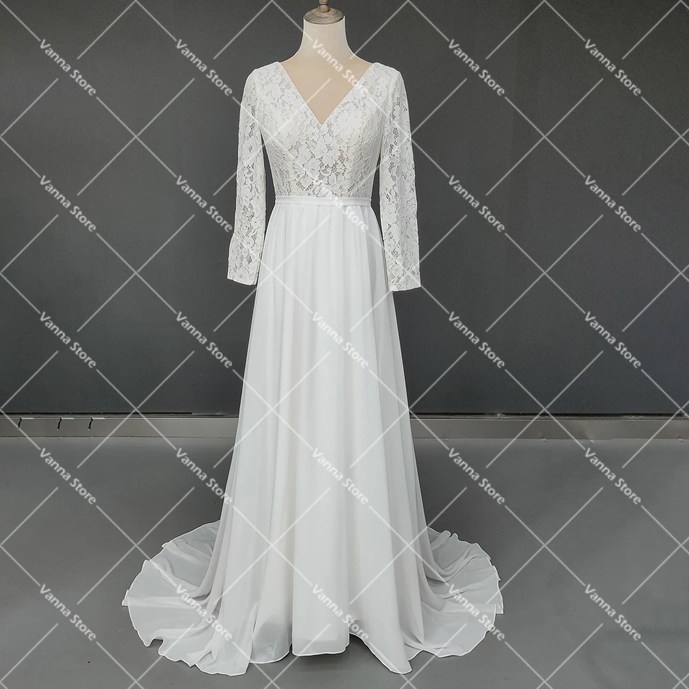 Vestido de novia de gasa con cuello en V alto de manga larga, vestido de novia de playa, línea A, encaje Floral sin espalda, elegante, tren de cepillo, envío directo