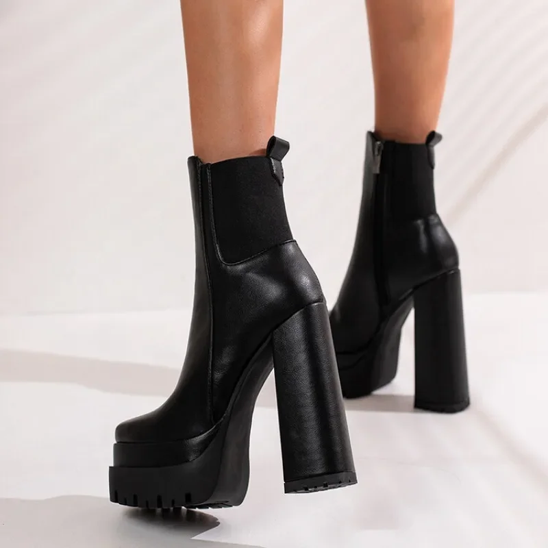 Winter Autumn Women Boots Sexy Mid Calf Boot Zipper Style PU 8CM  Heel  Square Head  and Women's Short Boots Black image 4