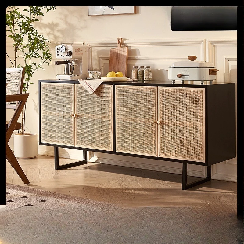 

Nordic rattan dining side cabinet simple black retro home solid wood large capacity four door storage cabinet