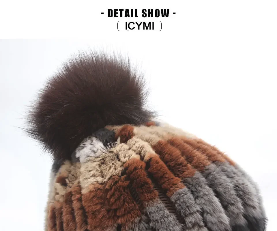 Wintermützen für Damen Elastische Gestrickte Echte Rex-Kaninchenfell-Mütze Beanies mit Fuchsfell-Bommel Echte Fellmütze Großhandel Bonnets – Detail 21