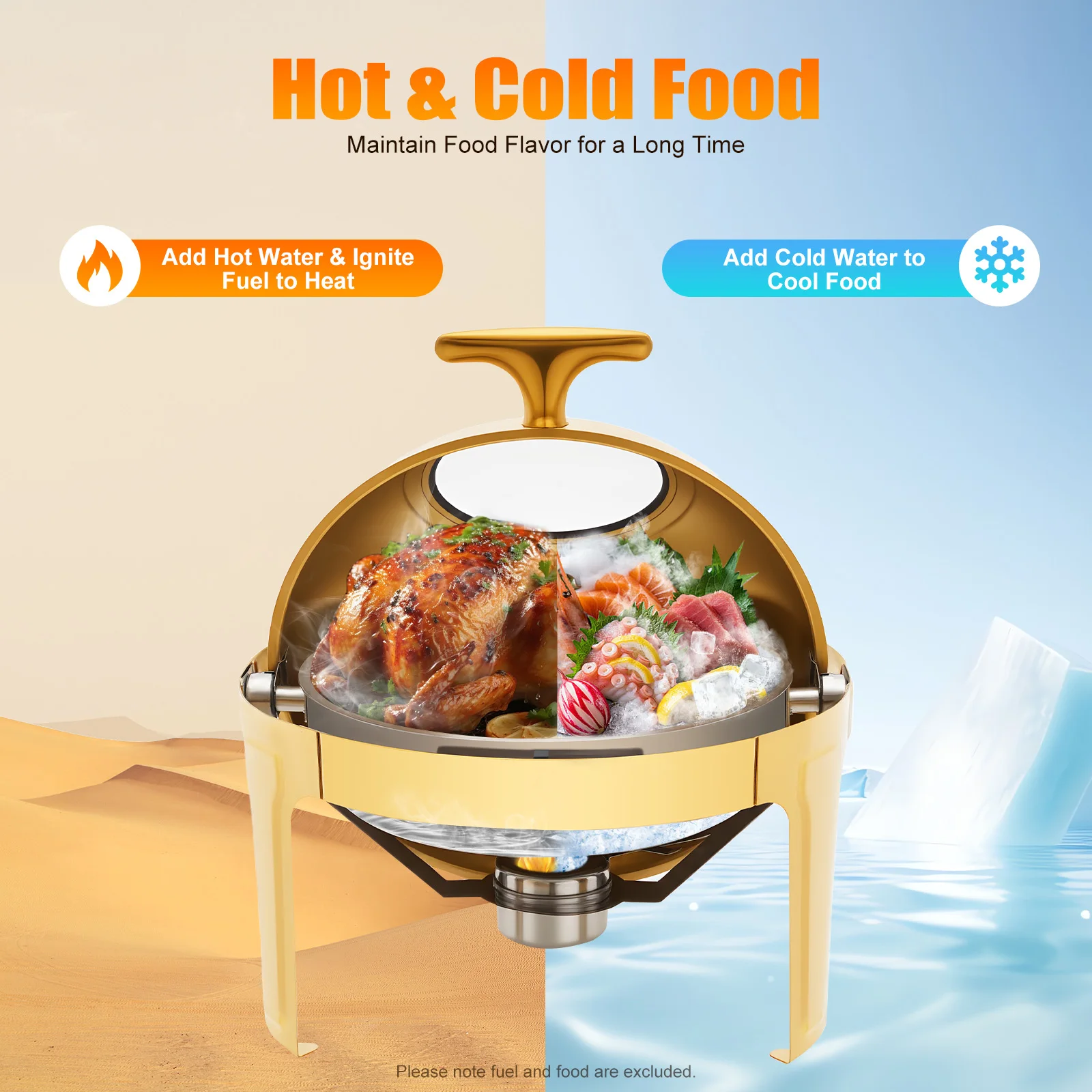 Round Chafing Dish Buffet Set 201 Stainless Steel Gold 6L 6 34Qt Capacity Clear PC Lid 90 180 Degree Opening T Handle for Wedding Party Banquet Catering