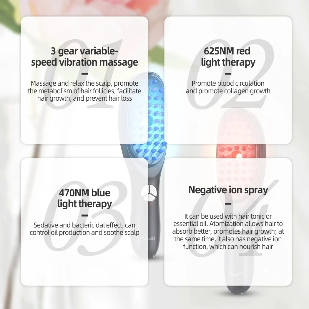 Massage Comb Blue Red Light Therapy Vibration Electric Hair Massage Scalp Brush Negative Ion Spray Hair Growth Massager