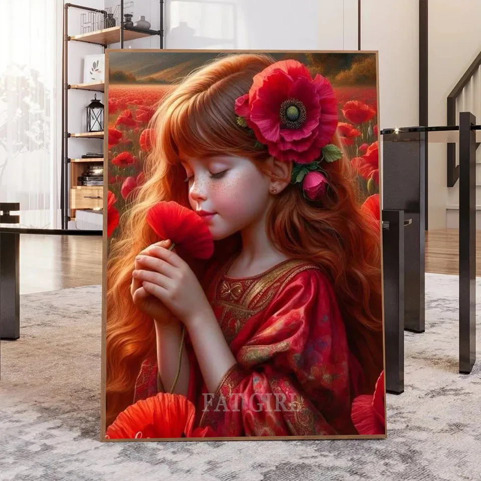 DIY Diamond Embroidery Beautiful Little Girl Flowers Diamond Art Painting Kits Cross Stitch Poppy Rhinestones Full Mosaic Decor