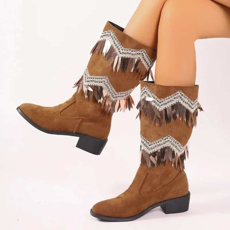

New Bohemian Women's Boots 2023 Winter Quality Women Shoes Ethnic Style Fringe Sequin Shoe Square Heel Mid-calf Boots Lady Botas