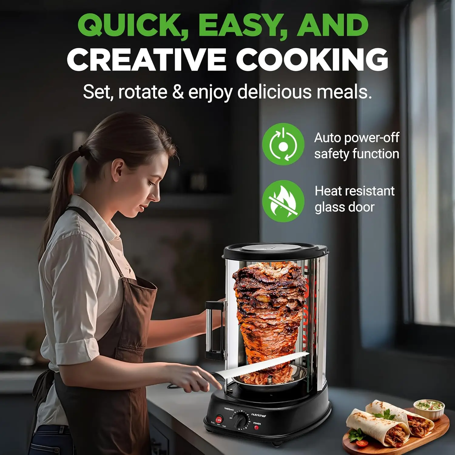 Vertical Rotating Countertop Oven - Rotisserie Shawarma and Kebob Machine with Stain & Heat Resistant Door, Energy Efficient, In