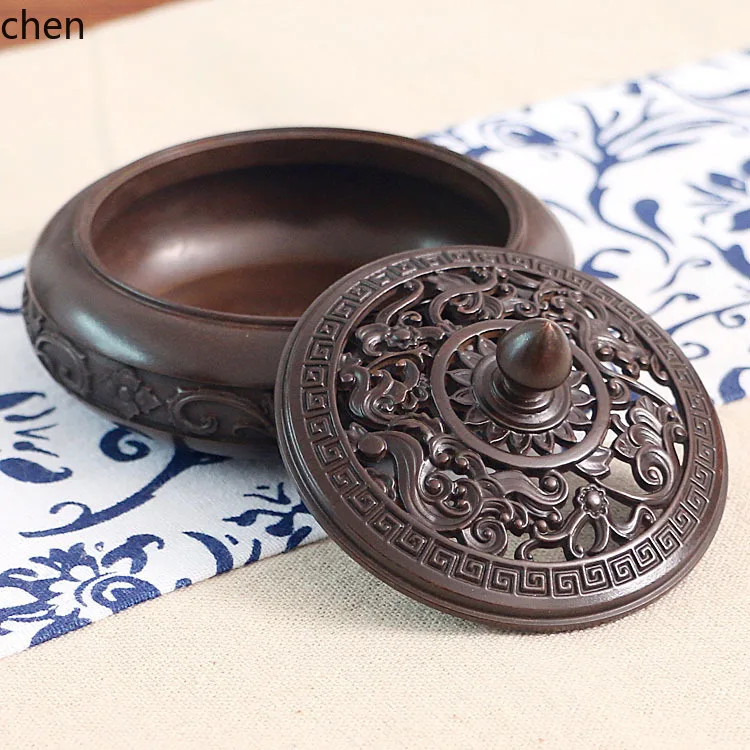 Cz flat bottom carved copper incense burner antique high temperature hand dyed incense burner chinoiserie tea ceremony