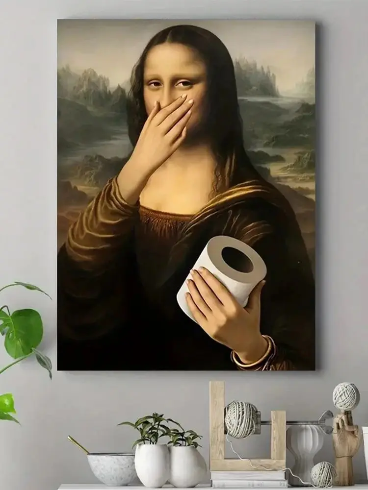 Impression humoristique d'affiche sur toile de salle de bain, Art mural sur toile de papier toilette à main rétro classique Mona Lisa, pour décor de salon