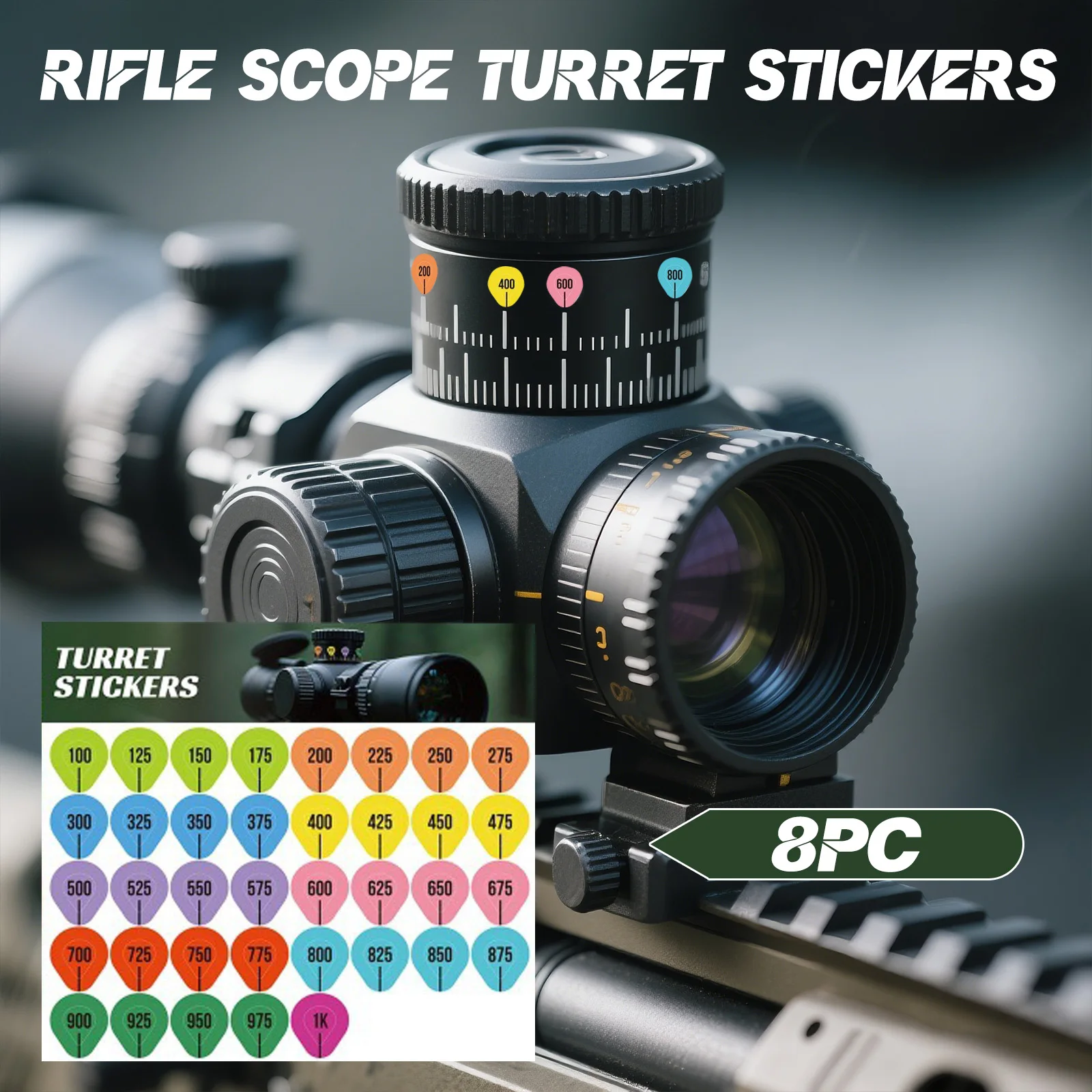 

Sight Turret Stickers, Sight Turret Tags, Hunting Rifle Label Stickers, For Long-range Shooting Hunting (8pcs/set)