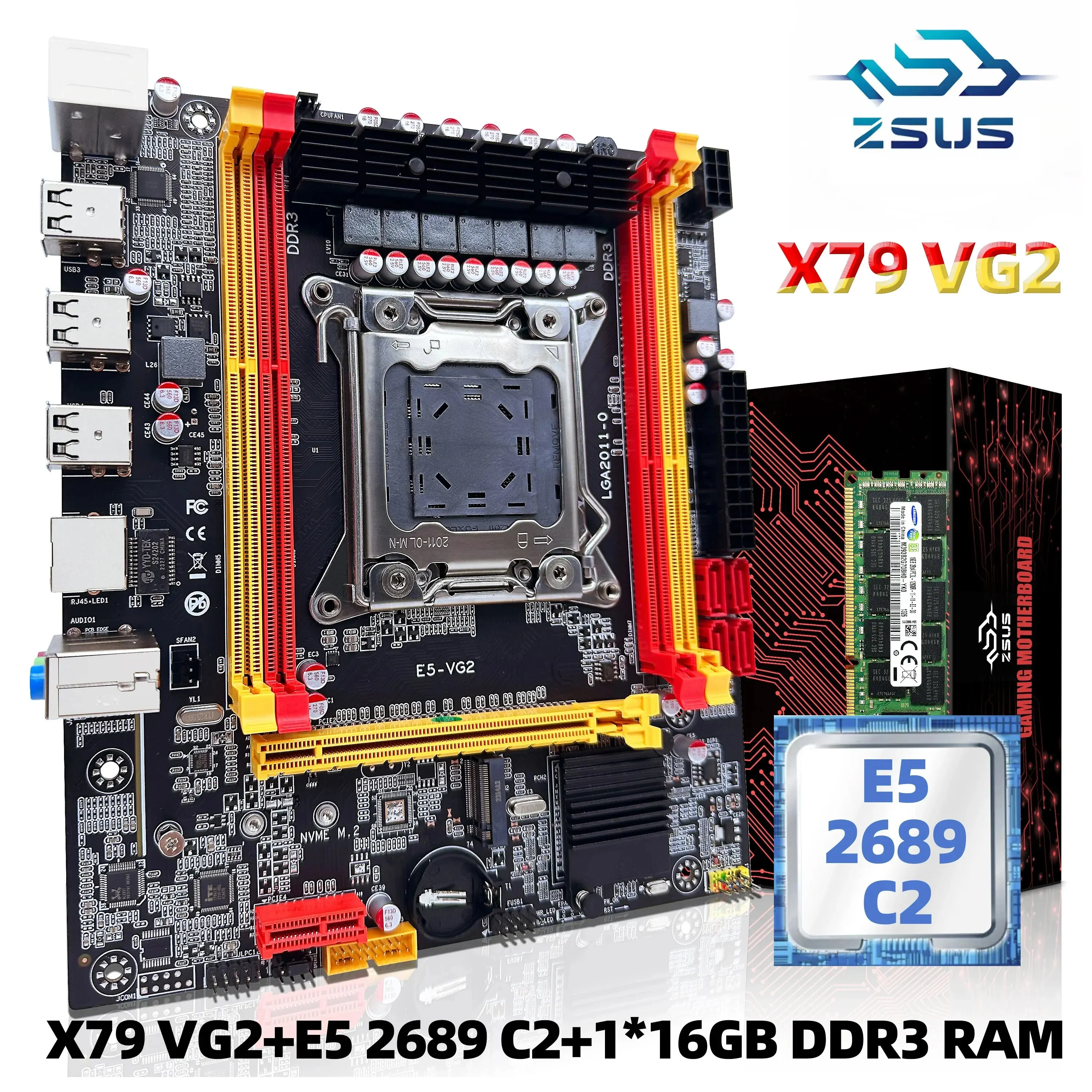 ZSUS 마더보드 세트 키트, 인텔 LGA2011 제온 E5 2689 C2 CPU DDR3 1*16GB 1600MHZ ECC RAM 메모리 NVME M.2 SATA, X79 VG2