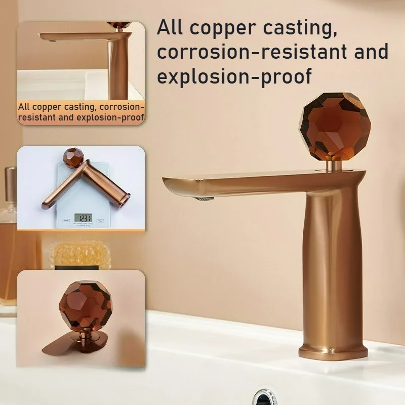 

Смеситель для ванной комнаты из матовой латуни цвета розового золота, с кристаллическими ручками, для горячей и холодной воды, настольный, серый