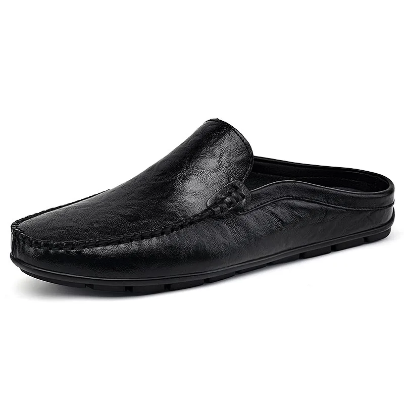 New Fashion Men Half Loafers Slides Breathable Mules for Man Lightweight Breathable Dress Shoes Genuine Leather Slippers Loafer