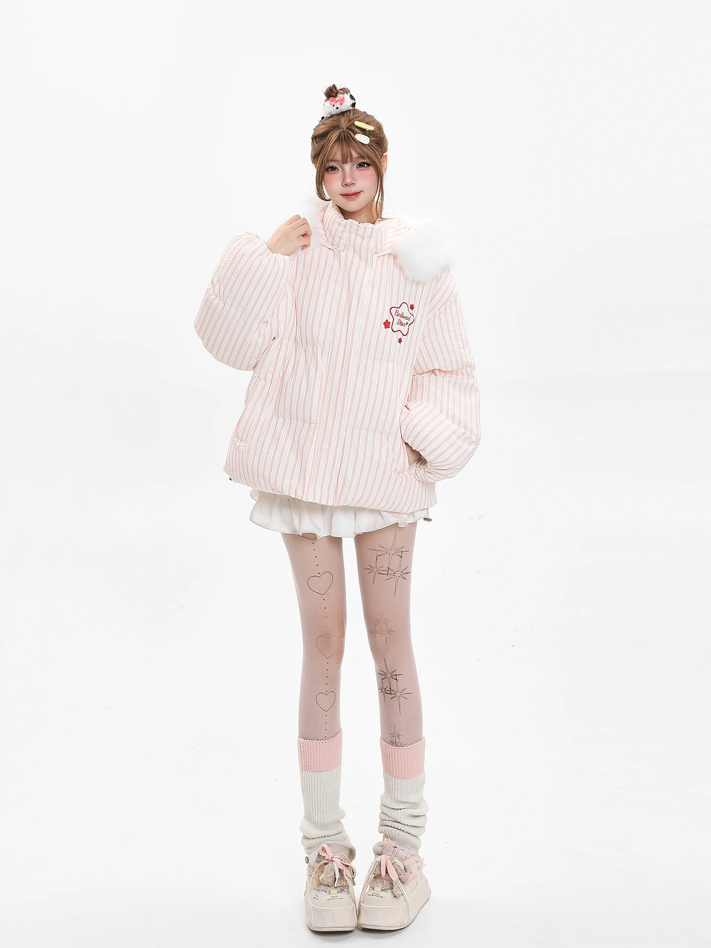Sweet Cute Rabbit Ear Striped Embroidery Fur Collar Hooded Cotton Jacket Women Winter Loose Thick Warm Cotton Coat Outerwear
