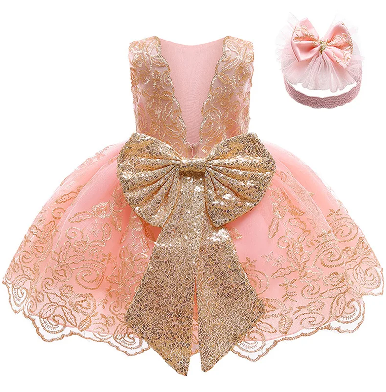 Stumbling toddler girl baby sequin large bow lace dress formal birthday party attire Christmas backless luxury clothing