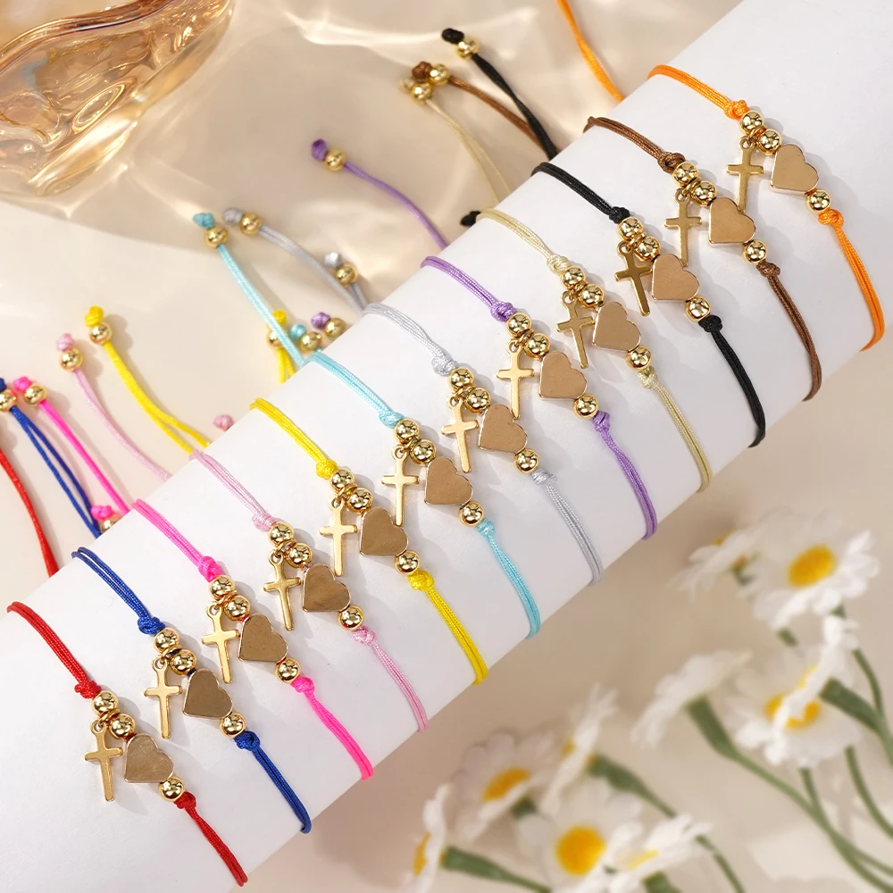 

Go2boho Heart Cross Charm Bracelets for Women Friendship Jewelry Adjustable Multicolor Rope Design with Gold Plated Beads