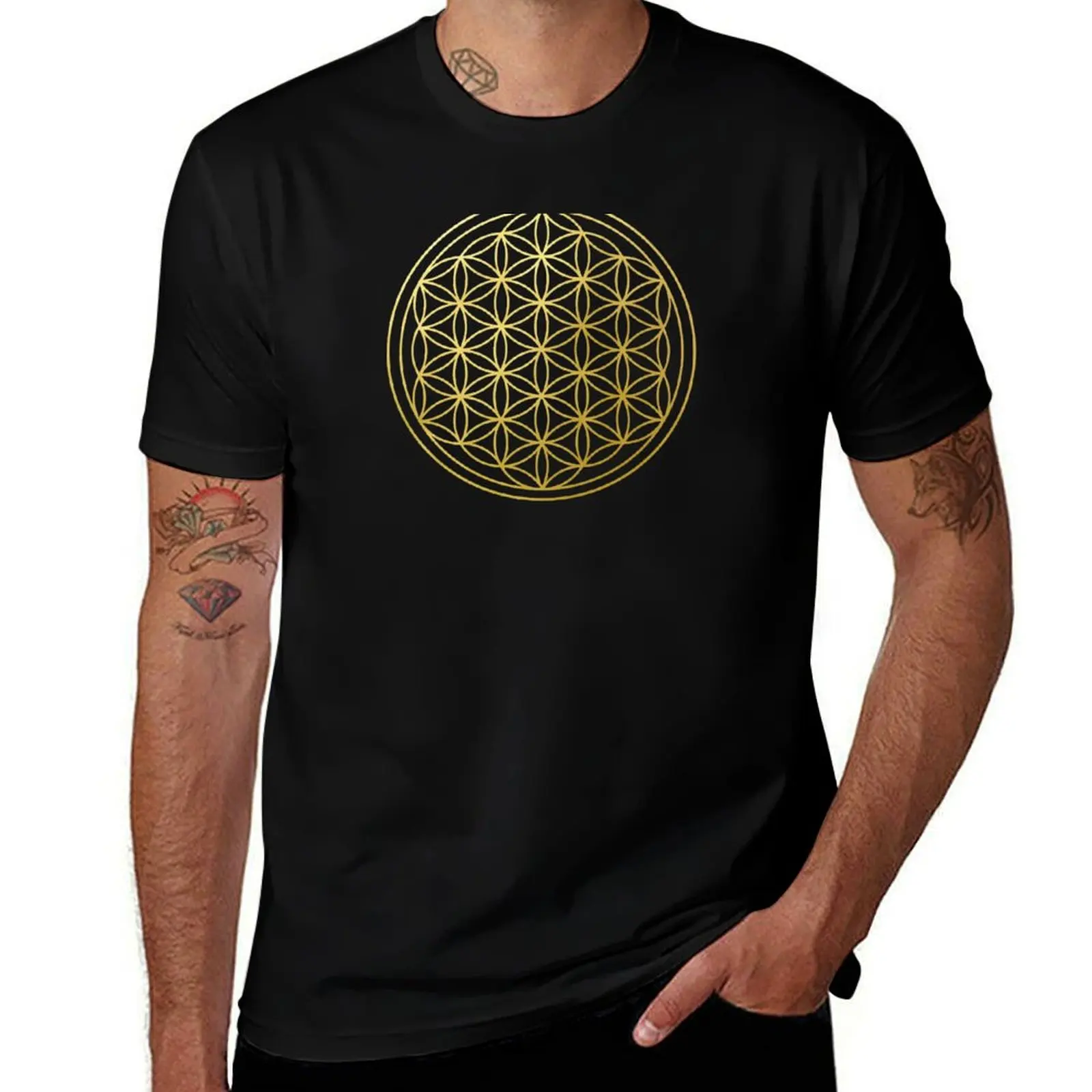 

The Flower Of Life gold mandala sacred geometry spiritual protection symbol T-Shirt vintage mens shirts graphic tee