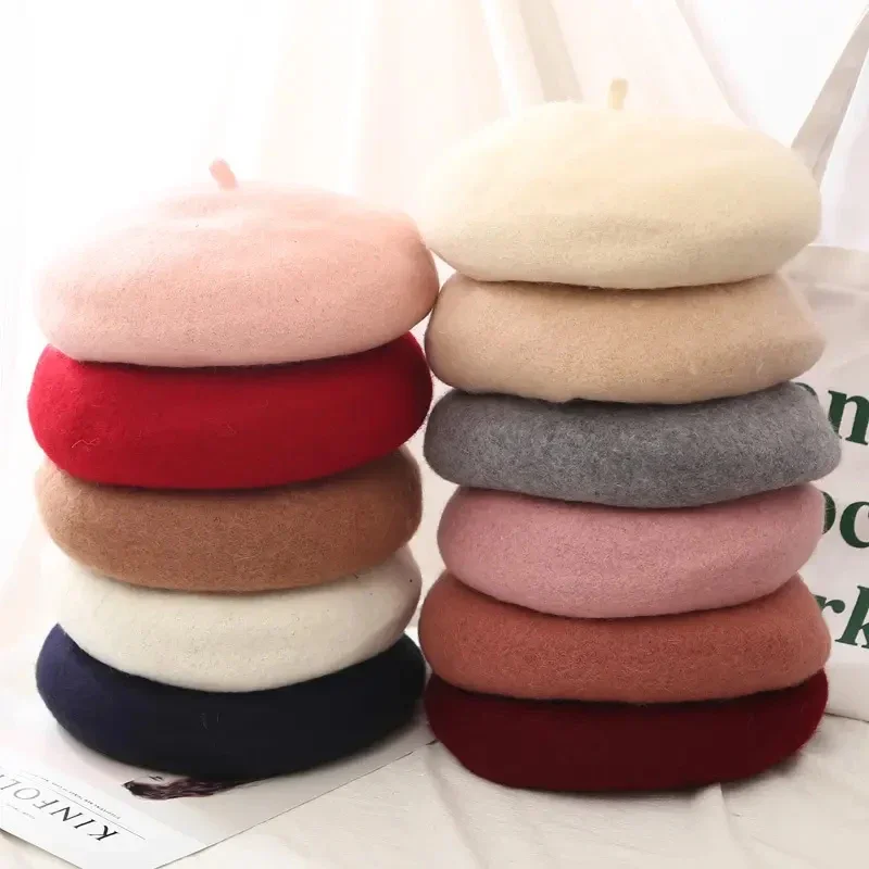 French Vintage Beret Artist Warmer Thick Wool Winter Beanie Hat Cap Women Girls Plain Beret Hats Solid Color Elegant Winter Caps