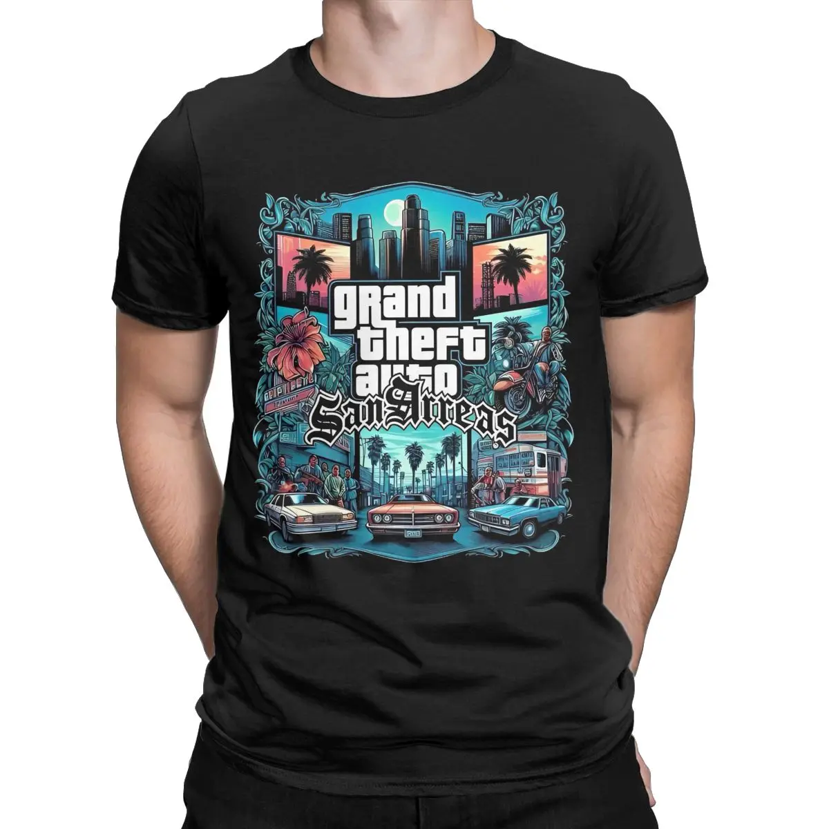 เสื้อยืดผู้ชาย Grand thefts GTA เสื้อยืดคอกลมแขนสั้นผ้าฝ้าย100% เกมน่ากลัวเสื้อยืด GTA5ใหม่