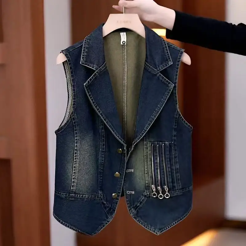 

Vintage Denim Vest Women Spring Coat 2025 New Korean Fashion Sleeveless Jacket Coat Lapel Jeans Waistcoat Female Tops Outerwear