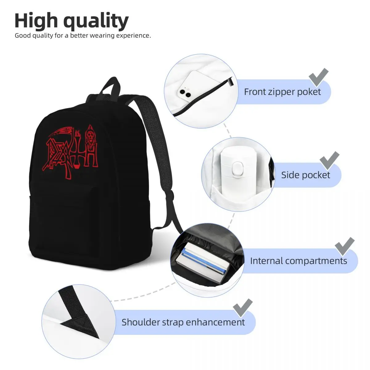 Death Logo Backpack for Men Women Fashion High School Hiking Travel Daypack Rock Band Heavy Metal College Shoulder Bag Durable