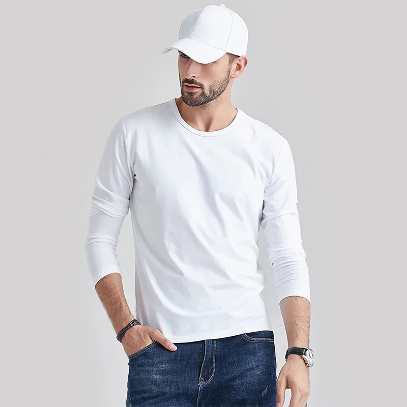 Large Size Solid Color Tops Men Long Sleeves Cotton T-shirt Loose Breathable O-Neck Undershirts Sweat-absorbent Soft Underwear