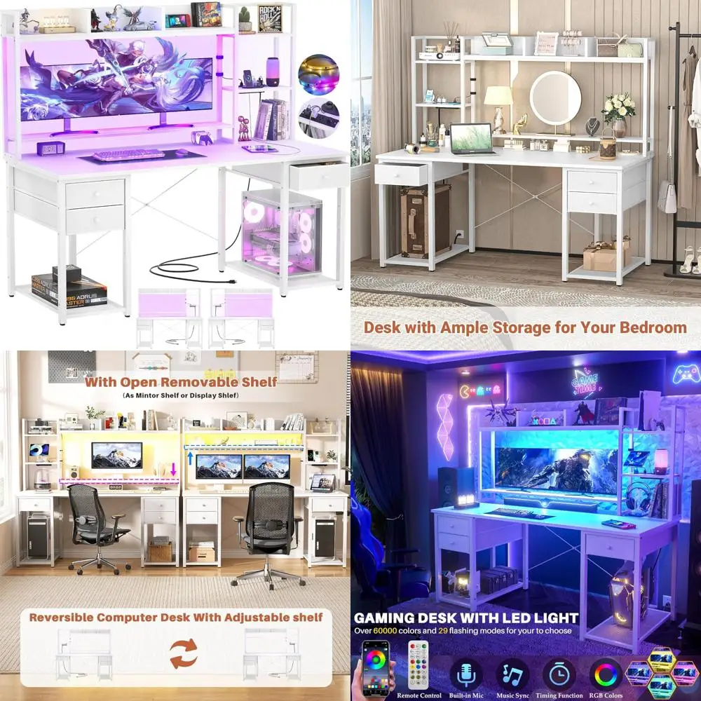 

White Aheaplus LED Gaming Desk with Hutch, 55.2 Workstation